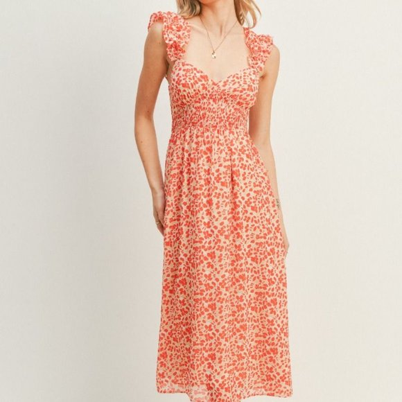 New Boho Ruffled Strap Floral Printed Midi Dress with Sweetheart Neckline - Picture 2 of 5